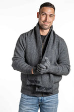 Load image into Gallery viewer, Possum and Merino  KO149 Fern Scarf - a UNISEX Scarf.  a stunningly subtle Fern Scarf.  Double thickness makes it luxuriously warm.  Make a set with KO209 Fern Beanie and KO69 Fern Gloves.  Available in Black/Grey only.  One Size - Approx. 18cm wide x 155cm long.  Made proudly in New Zealand from a premium blend of 40% possum fur, 50% merino lambswool & 10% mulberry silk.