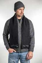Load image into Gallery viewer, Possum and Merino  KO149 Fern Scarf - a UNISEX Scarf.  a stunningly subtle Fern Scarf.  Double thickness makes it luxuriously warm.  Make a set with KO209 Fern Beanie and KO69 Fern Gloves.  Available in Black/Grey only.  One Size - Approx. 18cm wide x 155cm long.  Made proudly in New Zealand from a premium blend of 40% possum fur, 50% merino lambswool & 10% mulberry silk.