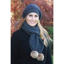Load image into Gallery viewer, 9873 Cable Scarf with Rabbit Fur Pompoms - Soft Chunky cable scarf with rabbit fur pompoms.  Charcoal, Natural, Pumpkin and Raspberry have a natural fur pompoms.  Black has a Black fur pompoms.  Raspberry and Silver have Silver fur pompoms.