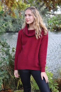 9843 Curved Hem Cowl Neck Jumper - Longer length jumper with dipped hem and generous cowl neck featuring contrast colour in cowl rib.