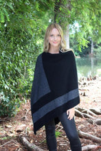 Load image into Gallery viewer, 9769 Cosset Poncho - Asymmetrical poncho with geometric pattern in contrast colour.  Textured knit structure feature in contrast panel.  Generous size - one of our larger poncho options