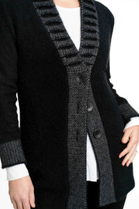 Possum and Merino  KO745 Fancy Collar Jacket - A unique feature collar and strong vertical lines make this garment very flattering to wear.  This longline jacket is extremely warm and cosy, yet still looks stylish.   Made proudly in New Zealand from a premium blend of 40% possum fur, 50% merino lambswool & 10% mulberry silk.  