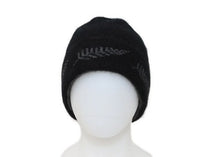 Load image into Gallery viewer, Possum &amp; Merino  KO209 Fer Beanie - UNISEX Beanie.  Stunningly subtle Fern Beanie. Double thickness to make it luxuriously warm .  Make a set with KO149 Fern Scarf and KO69 Fern Gloves  Available in Black/Grey only.  One size.  Made proudly in New Zealand from a premium blend of 40% possum fur, 50% merino lambswool &amp; 10% mulberry silk. 
