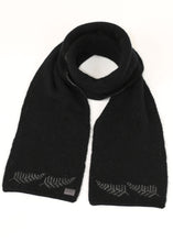 Load image into Gallery viewer, Possum and Merino  KO149 Fern Scarf - a UNISEX Scarf.  a stunningly subtle Fern Scarf.  Double thickness makes it luxuriously warm.  Make a set with KO209 Fern Beanie and KO69 Fern Gloves.  Available in Black/Grey only.  One Size - Approx. 18cm wide x 155cm long.  Made proudly in New Zealand from a premium blend of 40% possum fur, 50% merino lambswool & 10% mulberry silk.