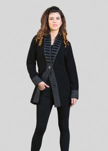 Possum and Merino  KO745 Fancy Collar Jacket - A unique feature collar and strong vertical lines make this garment very flattering to wear.  This longline jacket is extremely warm and cosy, yet still looks stylish. 