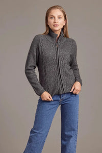 Possum and Merino  5039 Cable Zip Jacket - So versatile and easy to wear you will love this new zip-up Jacket with its delicate and feminine cable detailing.  Lace Cable Detail Mid Weight for warmth and comfort 35% Possum Fur, 55% Merino Wool, 10% Pure Mulberry Silk New Zealand Designed and Manufactured 