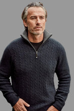 Load image into Gallery viewer, Possum and Merino.
6117 Cable Jersey with Contrast Trim - Zip up against the cold with this Possum Merino jersey that delivers equal measures of performance and style. Natural fibres of merino wool, possum fur and mulberry silk combine to keep the cold out at those cooler times of the year. For that touch of detail and intricacy, the jersey features a trim of high quality lambskin leather around the zip.
35% Possum Fur, 55% Merino Wool, 10% Pure Mulberry Silk