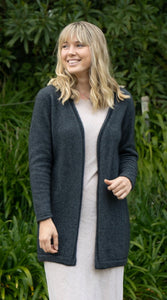Possum and Merino.  9785 Curb Jacket - Flattering open fronted longer line jacket with roll detail on front edge and cuffs.    Made in New Zealand from a premium blend of 40% possum fur, 50% merino & 10% nylon.
