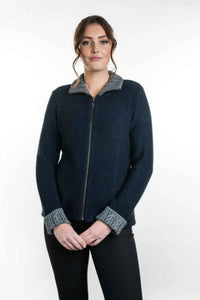 Possum and Merino  KO476 Two-Tone Trim Jacket - This stylish and versatile jacket features a two tone trim on the collar and cuffs.  Side seam shaping and coverseam detailing creates a streamlined look.   Made proudly in New Zealand from a premium blend of 40% possum fur, 50% merino lambswool & 10% mulberry silk.  