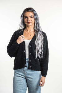 Possum and Merino  KO557 V Neck Cardigan - A modern twist on a V neck cardigan.  This style is hip length and features a wide rib detail on the hem.  Made proudly in New Zealand from a premium blend of 40% possum fur, 50% merino lambswool & 10% mulberry silk.