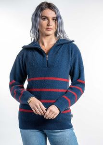Possum and Merino  KO559 Striped Zip Jumper - An on-trend quarter zip jumper in a striped fishermans rib.  This garment is a relaxed fit.  Made proudly in New Zealand from a premium blend of 40% possum fur, 50% merino lambswool & 10% mulberry silk.  