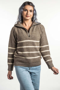 Possum and Merino  KO559 Striped Zip Jumper - An on-trend quarter zip jumper in a striped fishermans rib.  This garment is a relaxed fit.  Made proudly in New Zealand from a premium blend of 40% possum fur, 50% merino lambswool & 10% mulberry silk.  