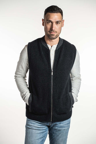 Possum and Merino  KO872 Contrast Detail Vest - This zip through vest features a subtle striped detail on the ribbed crew neck and pocket trims.  Made proudly in New Zealand from a premium blend of 40% possum fur, 50% merino lambswool & 10% mulberry silk.