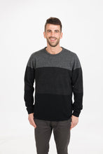 Load image into Gallery viewer, Possum and Merino  NB430 Colourblock Sweater – A three toned classic fit sweater, with a fashion focus.   Fitting Style – Regular fit - A classic, standard fit.   Yarn – Luxury Blend 20% Possum fibre 70% Superfine Merino wool (17.5 Micron) 10% Silk