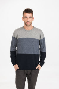 Possum and Merino  NB430 Colourblock Sweater – A three toned classic fit sweater, with a fashion focus.   Fitting Style – Regular fit - A classic, standard fit.   Yarn – Luxury Blend 20% Possum fibre 70% Superfine Merino wool (17.5 Micron) 10% Silk