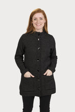 Load image into Gallery viewer, Possum and Merino  NS869 Essential Coat – This coat features a longer length, knit roll pockets, and shell buttons with traditional closure - a wardrobe classic   Fitting Style – Regular fit - A classic, standard fit.   Yarn: Essential Blend - 30% Possum fibre, 60% Superfine Merino wool (17.5 Micron), 10% Silk