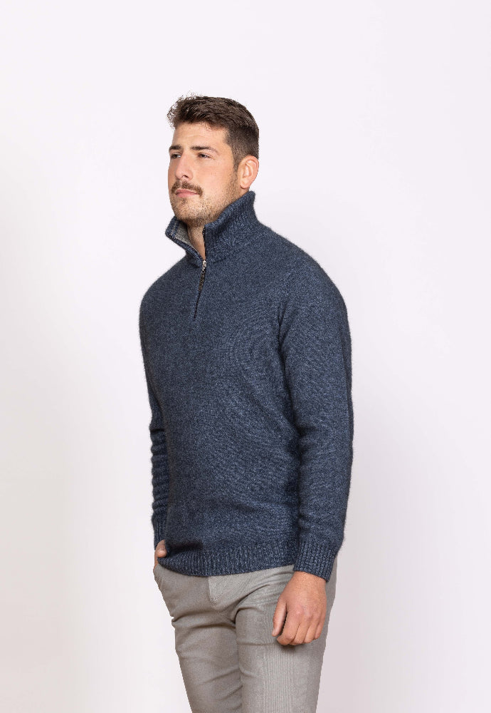 Possum and Merino  NW1095 Mt Tasman II - Core zip neck style with a twist.  Contrast inside collar with pinstripe finish.  Composition - 40% Possum Fur, 53% Merino, 7% Silk