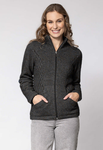 Possum and Merino  NW3149 Honeycomb Jacket - A new twist on the Market Day Jacket, with introduction of the Honeycomb inset side panels.  Composition - 40% Possum Fur, 53% Merino, 7% Silk