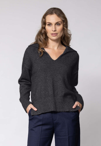 Possum and Merino   NW3233 Madison Vee – This style has the classic Noble Wilde box fit, combining WholeGarment knitting to create a vee neck and collar in one piece.  This fashion piece also includes side splits and chunky ribbed cuffs and band.  Composition: 40% Possum Fur, 53% Merino, 7% Silk