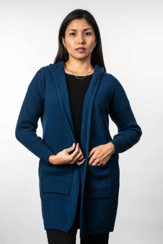 Possum and Merino  TR1019 Hooded Longline Cardigan - This long, hooded, cardigan is a great winter wardrobe staple.  It features ribbed sleeves and patch pockets.  Made proudly in New Zealand from a premium blend of 25% possum fur, 65% merino & 10% silk.