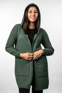 Possum and Merino  TR1019 Hooded Longline Cardigan - This long, hooded, cardigan is a great winter wardrobe staple.  It features ribbed sleeves and patch pockets.  Made proudly in New Zealand from a premium blend of 25% possum fur, 65% merino & 10% silk.