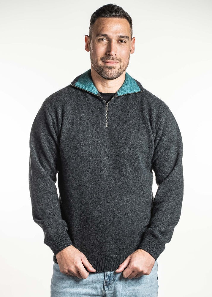 Possum and Merino  TR8007 Zip Collar Jumper - This zip neck jumper has a feature contrast colour on the inside of the collar.