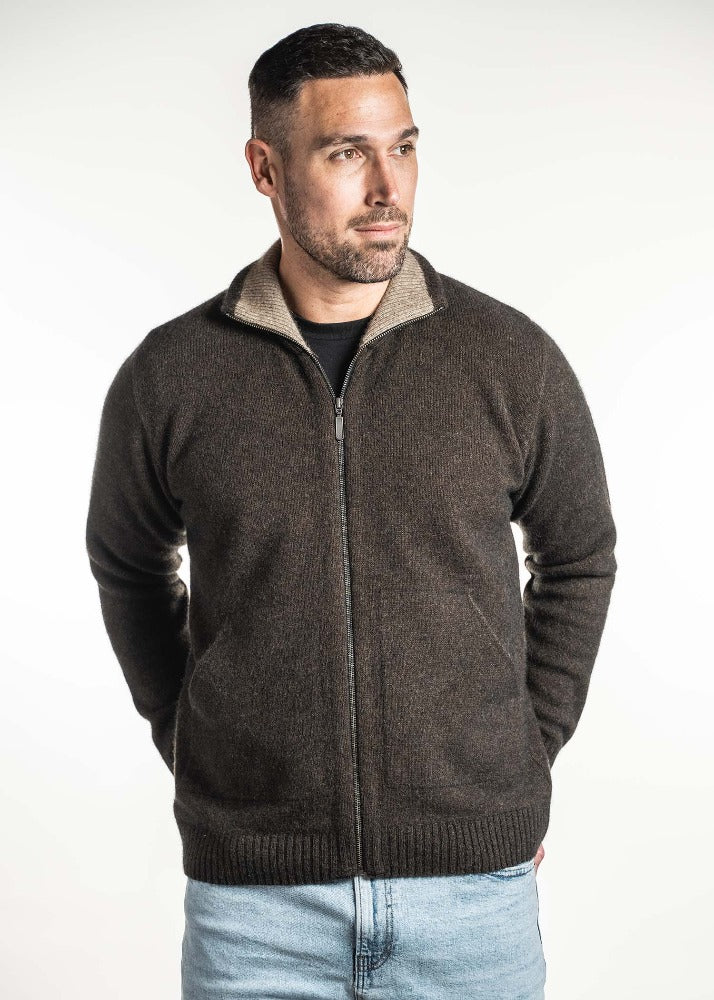 Possum and Merino  TR8008 Zip Jacket With Pockets - A zip through jacket with knitted in pockets and feature a contrast colour on the inside of the collar.