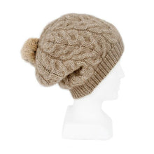 Load image into Gallery viewer, 9872 Relaxed Cable Beanie with Rabbit Fur Pompom - Generous crown of this beanie creates a fashionable drape at the nape of the neck.  Charcoal Natural and Pumpkin have natural fur pompoms.  Black has black fur pompoms.  Raspberry and Silver have silver fur pompoms.  