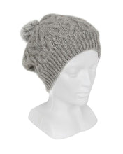 Load image into Gallery viewer, 9872 Relaxed Cable Beanie with Rabbit Fur Pompom - Generous crown of this beanie creates a fashionable drape at the nape of the neck.  Charcoal Natural and Pumpkin have natural fur pompoms.  Black has black fur pompoms.  Raspberry and Silver have silver fur pompoms.  