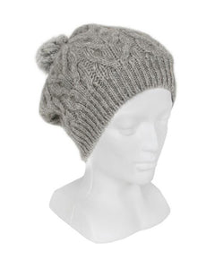 9872 Relaxed Cable Beanie with Rabbit Fur Pompom - Generous crown of this beanie creates a fashionable drape at the nape of the neck.  Charcoal Natural and Pumpkin have natural fur pompoms.  Black has black fur pompoms.  Raspberry and Silver have silver fur pompoms.  