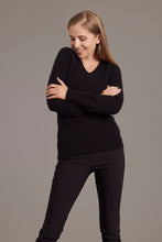 Load image into Gallery viewer, Possum and Merino 6181 Rib Detail V Neck Jersey - a simple and basic V-neck jersey that every woman needs in her wardrobe. This merino, possum silk jersey is made with the finest possum merino yarn blend in New Zealand and it is a staple for your winter wardrobe. A smart rib detail adds that touch of style found in all McDonald knitwear. An effortless, casual layer. 