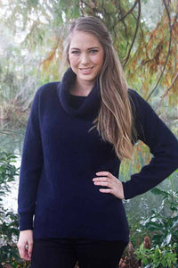 9843 Curved Hem Cowl Neck Jumper - Longer length jumper with dipped hem and generous cowl neck featuring contrast colour in cowl rib.