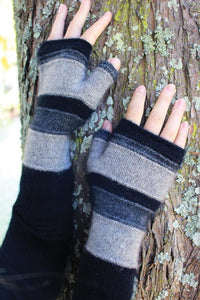 Possum and Merino  9705 Taupo Mitten - Single thickness fingerless mitten with stripe featuring a raised stitch pattern.   One size only