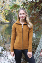 Load image into Gallery viewer, 9774 Rangitoto Cable Jacket - Beautifully detailed cable sweeps around the shoulder area.  Moss stitch accents on the hem, cuffs, zip trim and collar. 
