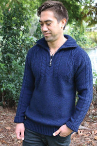 9816 Men's Waipoua Cable Jumper - This heavyweight chunky jumper is super warm.  All over moss stitch is accented by cable detail on the chest and sleeves.