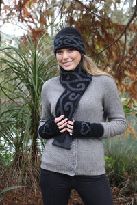 Possum and Merino  9861 Aroha Scarf - Double thickness reversible scarf with Putiki motif.  Rib finish on ends.  Comes in 6 distractive colours.  Make a set with 9860 Aroha Beanie and 9862 Aroha Mitten.  One size only