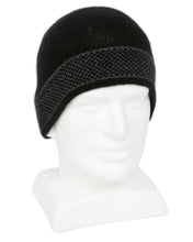 Load image into Gallery viewer, Possum and Merino  9869 Morse Beanie -   Single thickness black scull cap beanie with contract grid pattern in band area.  One size only  Made in New Zealand from a premium blend of 40% possum fur, 50% merino &amp; 10% nylon.