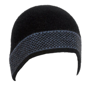 Possum and Merino  9869 Morse Beanie -   Single thickness black scull cap beanie with contract grid pattern in band area.  One size only  Made in New Zealand from a premium blend of 40% possum fur, 50% merino & 10% nylon.