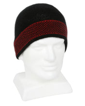 Load image into Gallery viewer, Possum and Merino  9869 Morse Beanie -   Single thickness black scull cap beanie with contract grid pattern in band area.  One size only  Made in New Zealand from a premium blend of 40% possum fur, 50% merino &amp; 10% nylon.