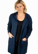 Load image into Gallery viewer, Possum and Merino  TR1019 Hooded Longline Cardigan - This long, hooded, cardigan is a great winter wardrobe staple.  It features ribbed sleeves and patch pockets.  Made proudly in New Zealand from a premium blend of 25% possum fur, 65% merino &amp; 10% silk.