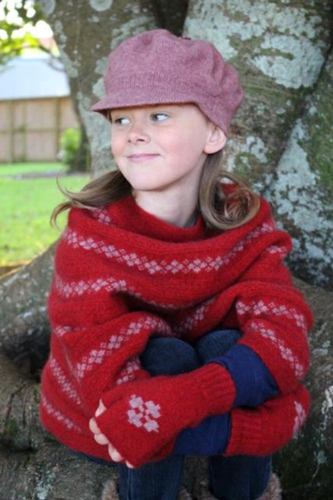 Possum and Merino  CK609 Childs Gatsby Hat - Perfect hat for the stylish young lady.  Fuller beret style crown with functional peak and small multi-coloured pompom in the centre of the crown.  One size