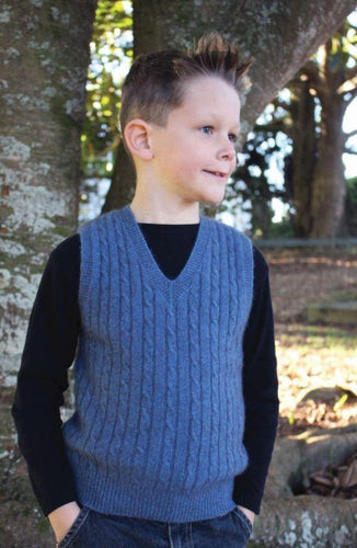 Possum and Merino.  CK702 Boy's Cable Vest - Classic vee neck vest with alternating rib cable detail.