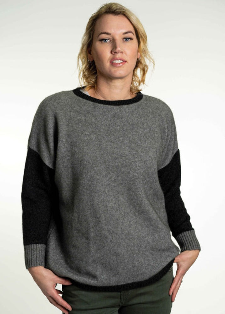 Possum and Merino  KO547 Contrast Jumper - A box shape jumper.  It features drop shoulder with contrast sleeves and trims, splits on the sides and a slightly longer back.  Made proudly in New Zealand from a premium blend of 40% possum fur, 50% merino lambswool and 10% mulberry silk. 