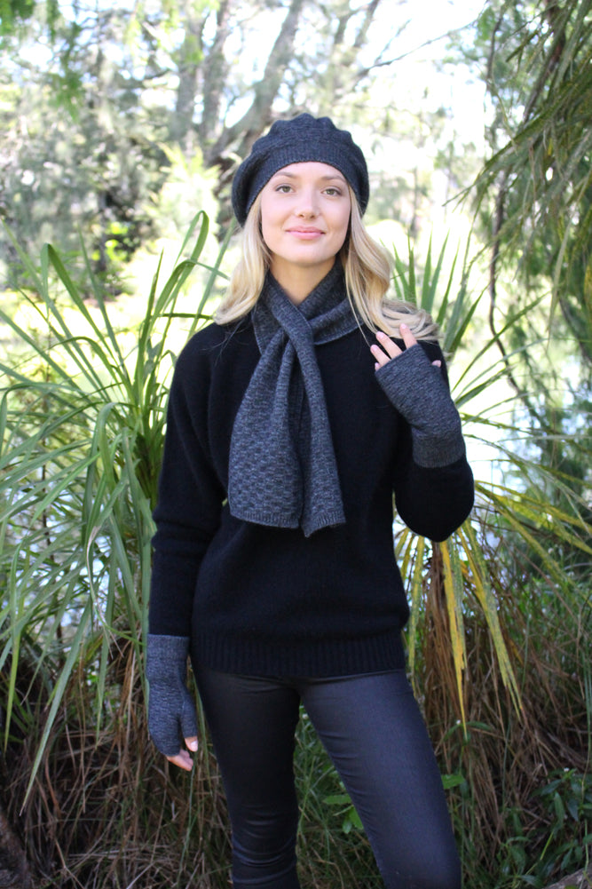 9716 Dash Keyhole Scarf - Compact scarf in a textured knit with a keyhole slot that keeps it snug around your neck.  Make a set with 9715 Dash Beanie and 9717 Dash Fingerless Mittens.