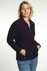 Possum and Merino  KO760 Textured Zip Jacket - This jacket is very similar to style KO478 but has more length in the body with textured side panels and collar.  The zip pockets are incorporated into the seems and the front of the garment is fully lined with merino jersey knit.  This Garment also features shaping in the front and side-seams for a flatting fit. 