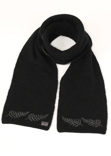 Possum and Merino  KO149 Fern Scarf - a UNISEX Scarf.  a stunningly subtle Fern Scarf.  Double thickness makes it luxuriously warm.  Make a set with KO209 Fern Beanie and KO69 Fern Gloves.  Available in Black/Grey only.  One Size - Approx. 18cm wide x 155cm long.  Made proudly in New Zealand from a premium blend of 40% possum fur, 50% merino lambswool & 10% mulberry silk. 