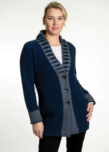 Possum and Merino  KO745 Fancy Collar Jacket - A unique feature collar and strong vertical lines make this garment very flattering to wear.  This longline jacket is extremely warm and cosy, yet still looks stylish.   Made proudly in New Zealand from a premium blend of 40% possum fur, 50% merino lambswool & 10% mulberry silk.  
