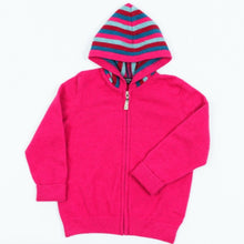 Load image into Gallery viewer, Possum and Merino.  NB712 Striped Zip Hoodie - A full zip hoodie in bright, fun colours. Features a striped hood that is generous in size. This item caters for a range of children&#39;s sizes, and due to its lightweight is great to wear every day. 