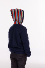 Load image into Gallery viewer, Possum and Merino.  NB712 Striped Zip Hoodie - A full zip hoodie in bright, fun colours. Features a striped hood that is generous in size. This item caters for a range of children&#39;s sizes, and due to its lightweight is great to wear every day. 
