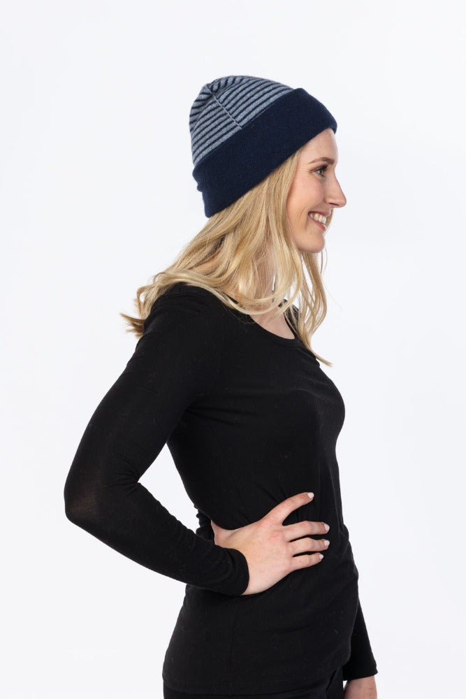 Black  Possum and Merino  NX397 Double Layer (Reversible) Beanie - ﻿Double Layer Beanie which can be worn 2 ways.  It is reversible - one side is striped and the other is plain 